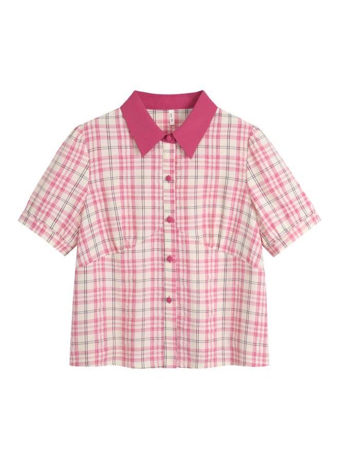 Generic - Summer Chubby Girls Plus Size Women's Clothing French Style Retro Lapel Plaid High Waist Short Sleeve Shirt Contrast Puff Sleeve 62458 - Image 1