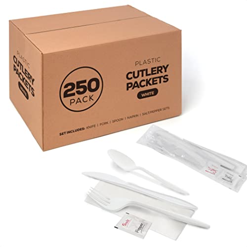 250 Plastic Cutlery Packets  Knife Fork Spoon Napkin Salt Pepper Sets  White Plastic Silverware Sets Individually Wrapped Cutlery Kits Bulk Plastic Utensil Cutlery Set Disposable To Go Silverware