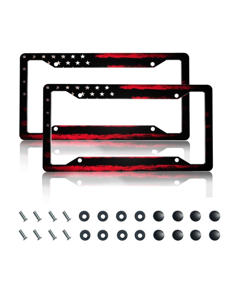 CTVSLFU License Plate Frame 2 Pack Aluminum Metal Rust-Proof Front & Rear Car Tag Holder with 4 Holes, Universal Car Accessories with Screws for Men & Women - 002 Black Red American Flag - Image 1