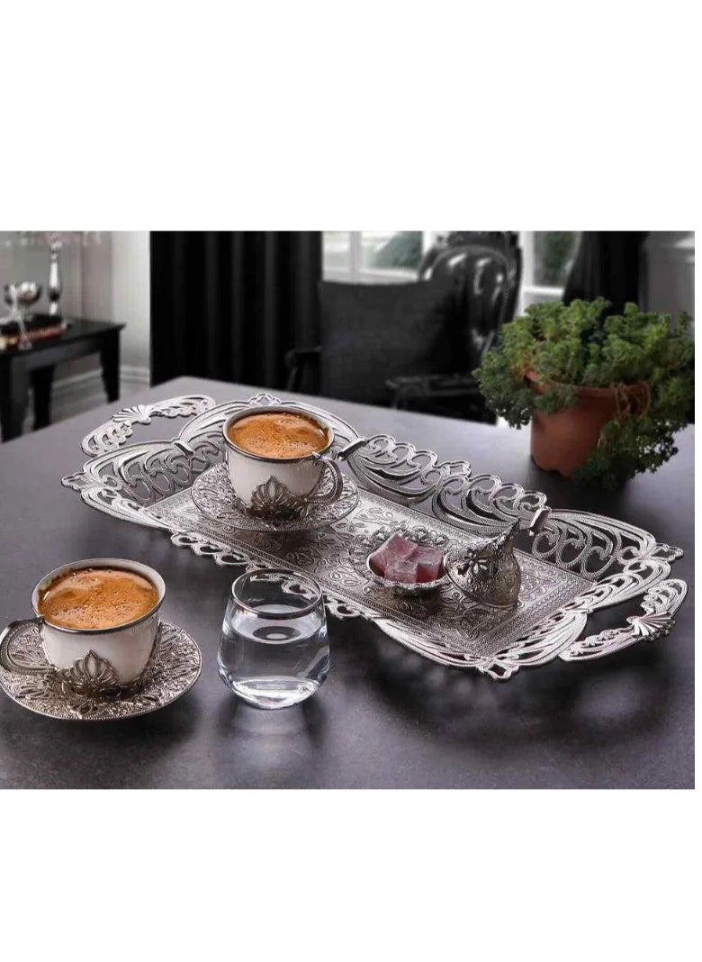 kitchen art - A coffee cup set made of porcelain and zinc Turkish double for presentation (Turkish coffee cup set and decorated tray. “9 pieces”). - Image 1