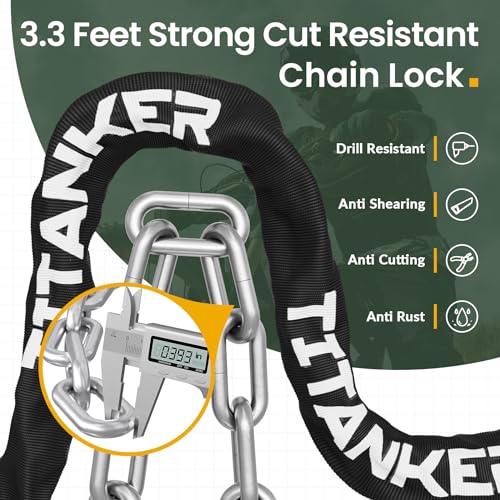 Titanker قفل سلسلة دراجة تي تانكر، قفل دراجة مضاد للسرقة، قفل سلسلة دراجة، أقفال دراجات للدراجة، الدراجة النارية، الدراجة، الباب، البوابة، السياج، الشواية (سلسلة بسماكة 6 مم، 8 مم، 10 مم) (سلسلة سوداء بسماكة 10 مم) - Image 2