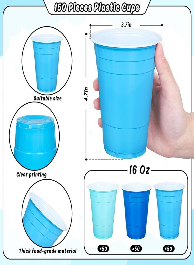 JarThenaAMCS 150Pcs Blue Plastic Cups 16Oz Gradient Blue Disposable Drinking Cup Bulk for Father' s Day Ocean Party Baby Shower Birthday Winter Supplies - Image 2