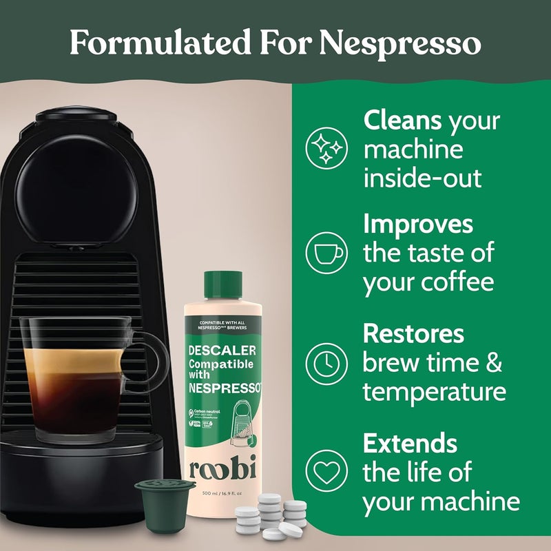 Roobi مجموعة تنظيف وإزالة الراسب من آلة روبي ( Descaling and Cleaning Kit) متوافقة مع آلات نيسبريسو الأصلية (Nespresso Original Line). تحتوي على زجاجة واحدة من محلول إزالة الراسب، 12 قرص تنظيف، وكبسولة قابلة لإعادة الاستخدام واحدة. المنتج خالٍ من الكربون، ويكفي لمدة عام كامل. - Image 2