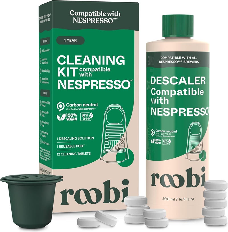 Roobi مجموعة تنظيف وإزالة الراسب من آلة روبي ( Descaling and Cleaning Kit) متوافقة مع آلات نيسبريسو الأصلية (Nespresso Original Line). تحتوي على زجاجة واحدة من محلول إزالة الراسب، 12 قرص تنظيف، وكبسولة قابلة لإعادة الاستخدام واحدة. المنتج خالٍ من الكربون، ويكفي لمدة عام كامل. - Image 1