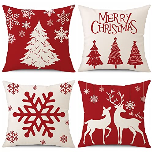 Coeufuedy Red Christmas Pillow Covers 18x18 Inch Set of 4 Snowflake Trees Deer Decorative Cushions for Home Sofa - Image 1