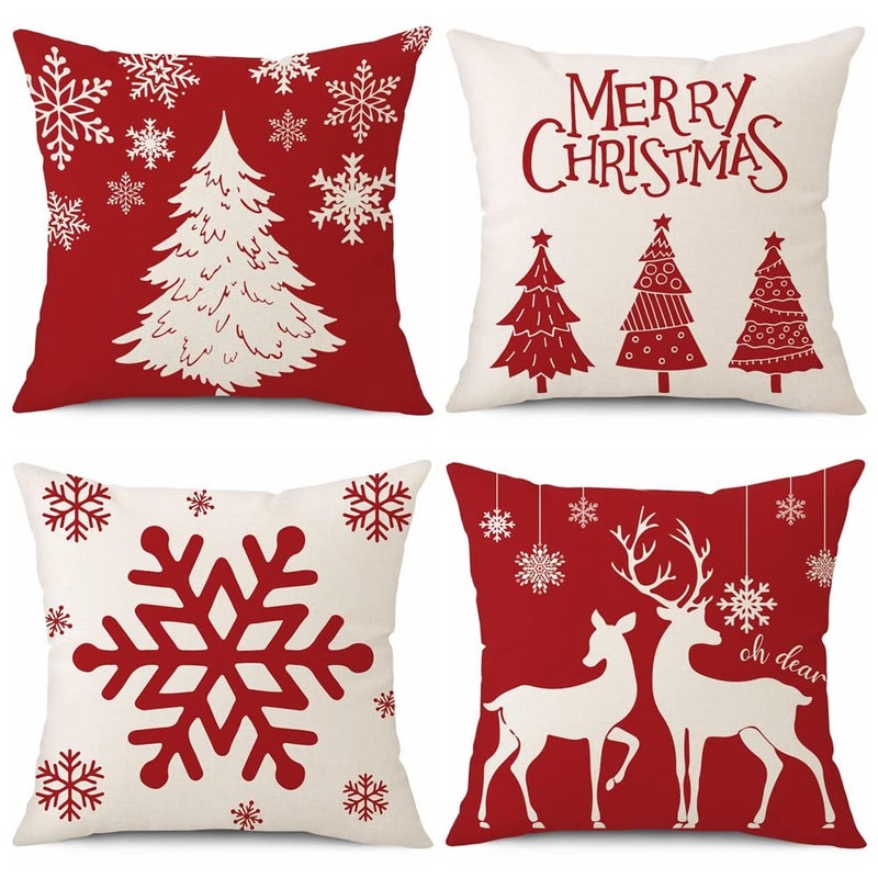 Coeufuedy Red Christmas Pillow Covers 18x18 Inch Set of 4 Snowflake Trees Deer Decorative Cushions for Home Sofa - Image 2