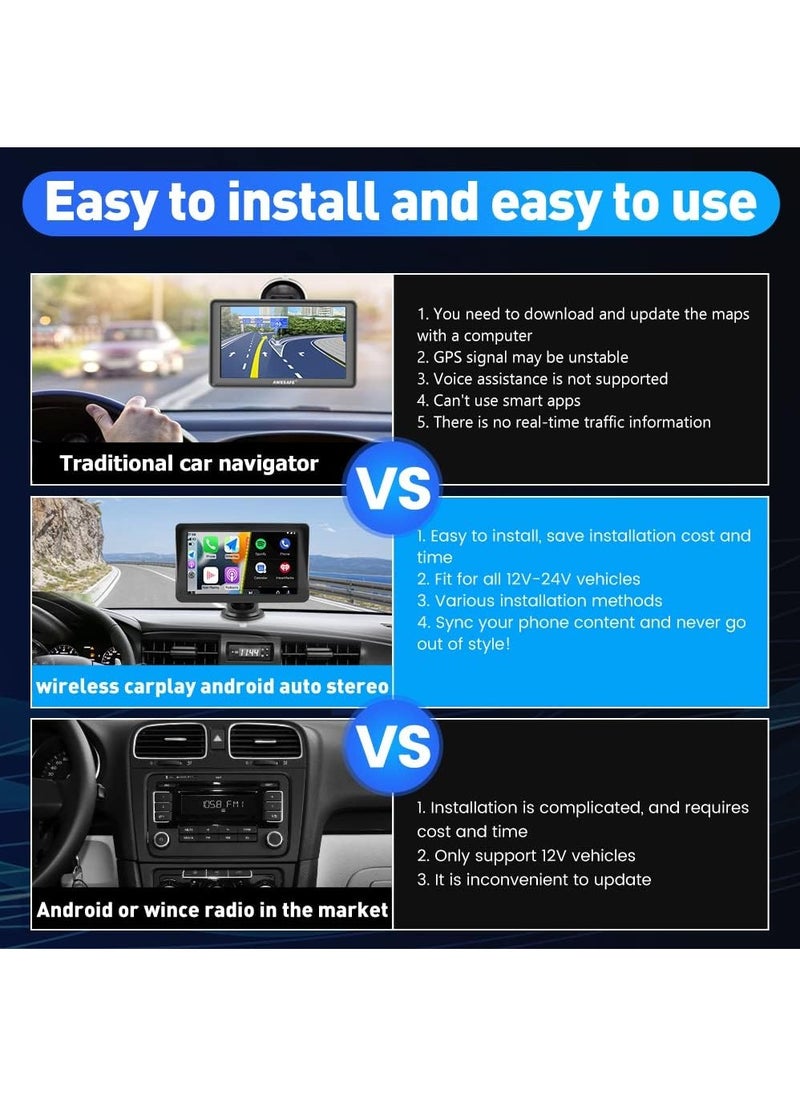 Generic - Portable Wireless Apple Carplay and Android Auto Car Radio Stereo, 7 inches IPS Touchscreen Multimedia Player & Bluetooth 5.0 Audio Hands Free Calling, Mirror Link/GPS/Siri - Image 1