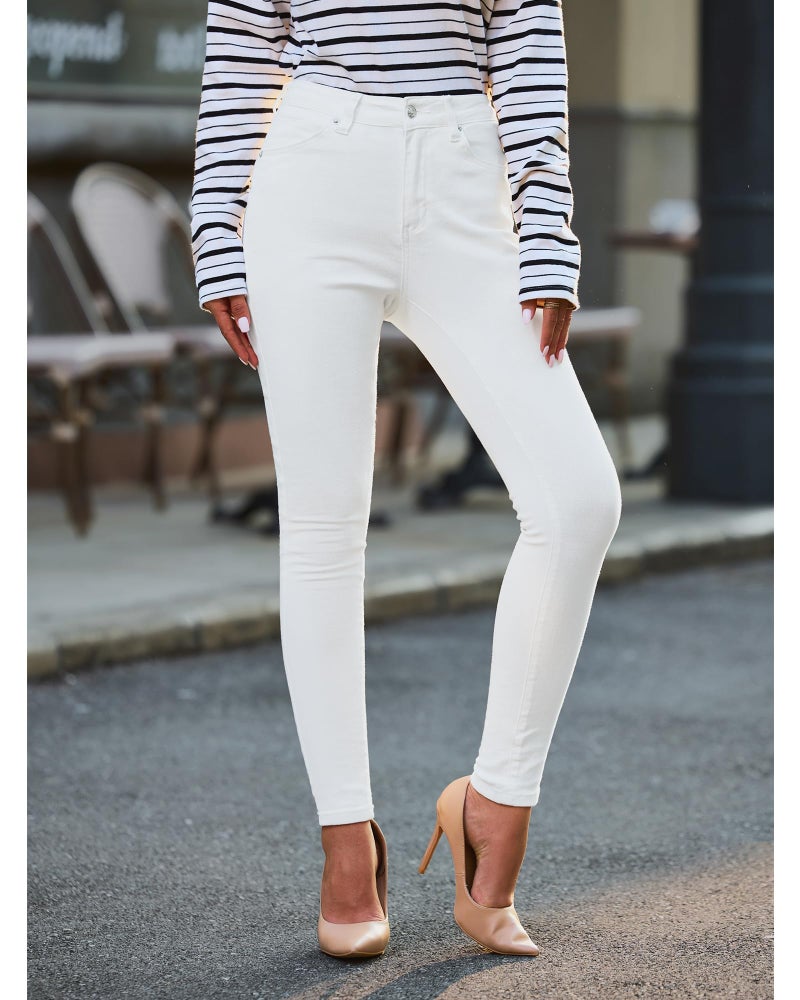 GRAPENT Business Casual Women's Clothing High Waist Tummy Control Jeggings Jeans High Waist Stretchy Pants Trendy Off White Medium Size 8 10 - Image 4