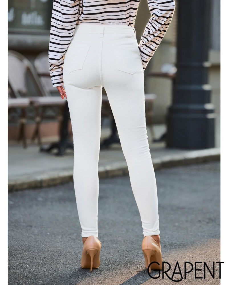 GRAPENT Business Casual Women's Clothing High Waist Tummy Control Jeggings Jeans High Waist Stretchy Pants Trendy Off White Medium Size 8 10 - Image 3
