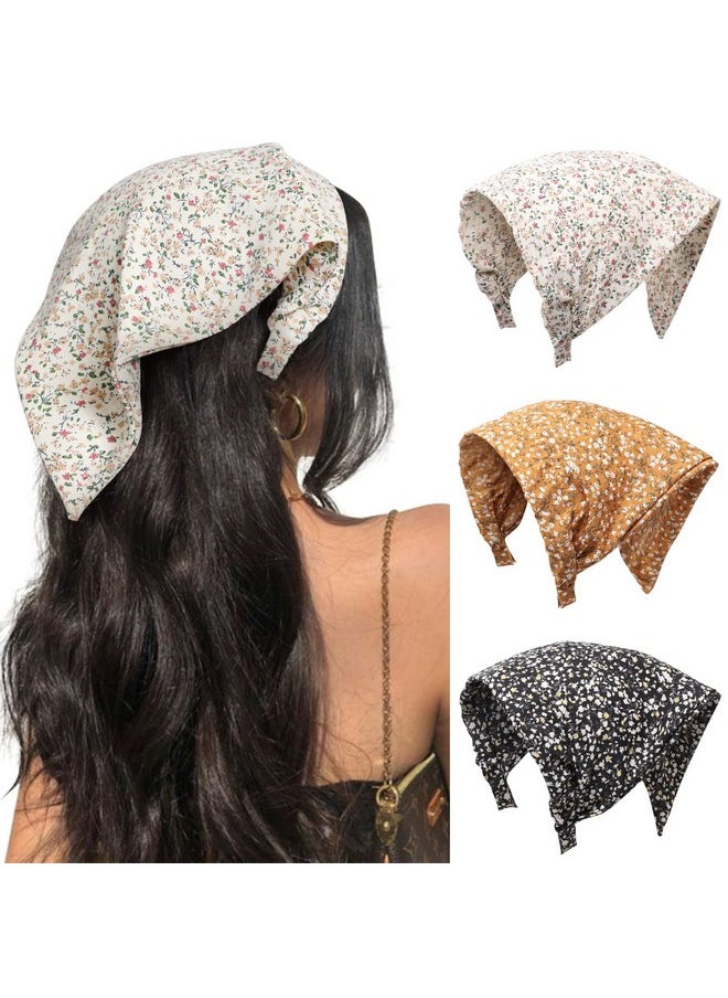 HAIMEIKANG Floral Hair Scarf Headbands For Women Boho Bandanas For Women Triangle Kerchief Solid Color Hair Bands Vintage Head Scarf (Beige+Yellow+Black)  - Image 2