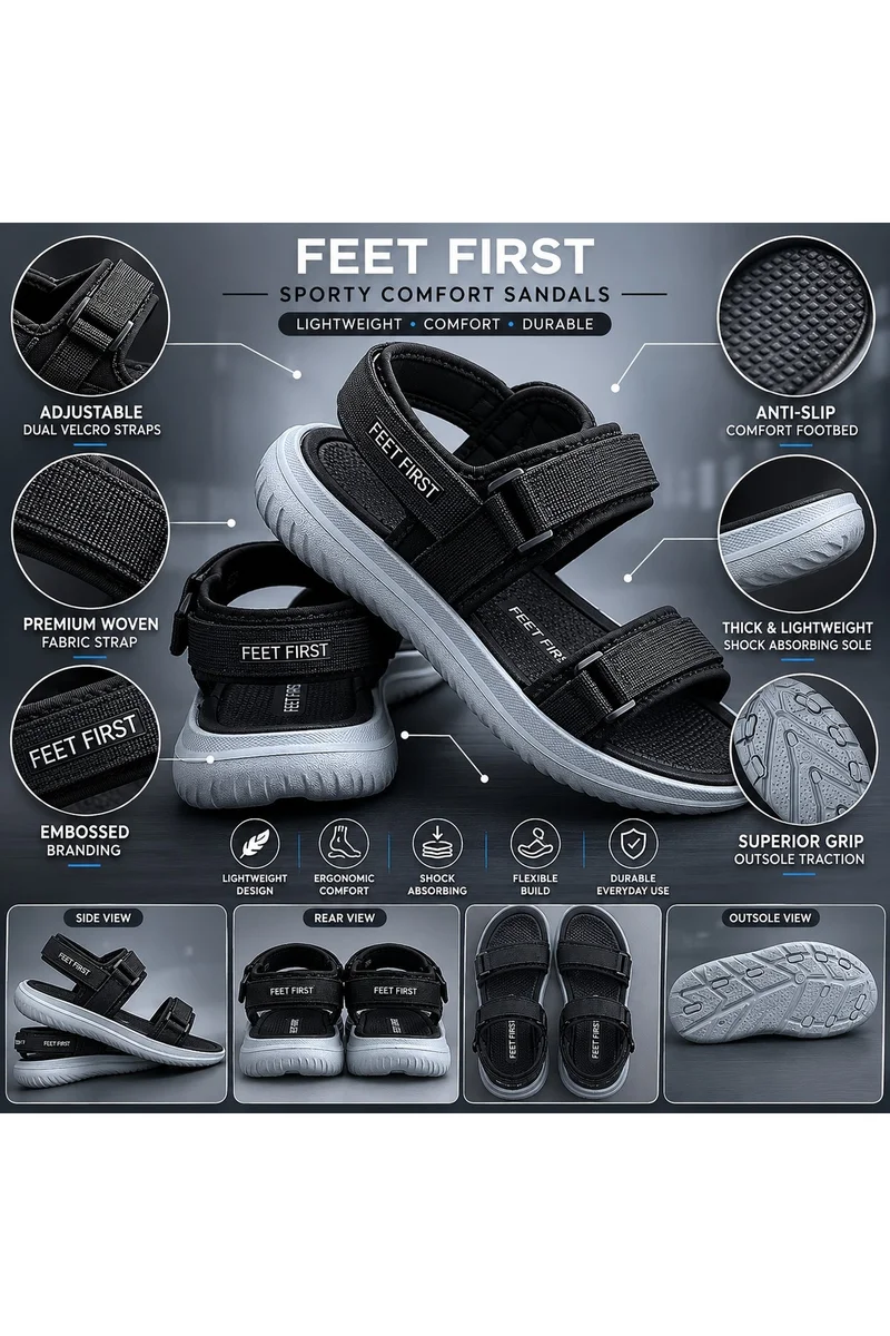 Feet First Men’s Sports Sandals with Adjustable Velcro Straps – Lightweight Comfort Outdoor Walking Sandals