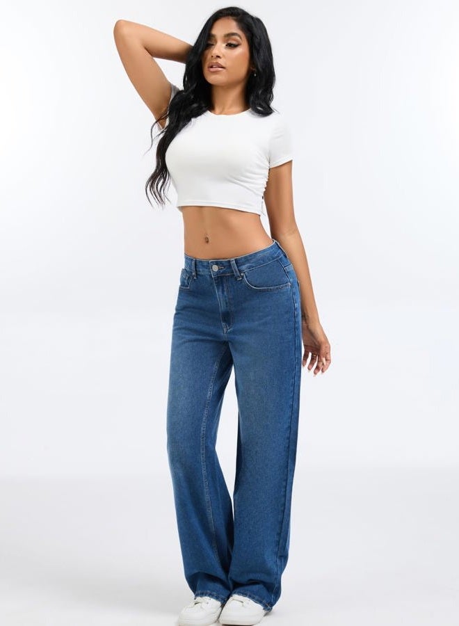 Wanduyini Straight Leg Jeans for Women Casual Washed Vintage Loose Fit Boyfriend Baggy Denim Pants, Mid Blue, M - Image 4