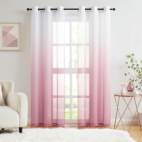 Purainbow Pink Ombre Chiffon Sheer Curtains 90 Inch Long for Living Room Bedroom Decor, Crinkle Gradient Light Filtering Window Curtain Drapes for Girls Room, Garden, Yard Decor, Set of 2 Panels, Grommet Top - Image 1