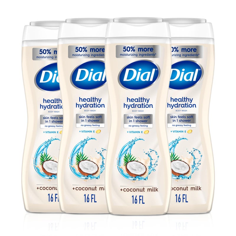 Dial Body Wash, Healthy Hydration, Coconut Milk + Vitamin E, 16 fl oz (Pack of 4), Gentle, Leaves Skin Feeling Soft In 1 Shower, Dermatologist-Tested, No Parabens & Silicones - Image 1