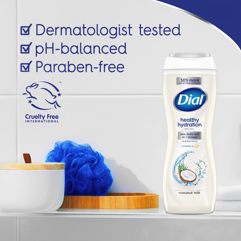 Dial Body Wash, Healthy Hydration, Coconut Milk + Vitamin E, 16 fl oz (Pack of 4), Gentle, Leaves Skin Feeling Soft In 1 Shower, Dermatologist-Tested, No Parabens & Silicones - Image 5