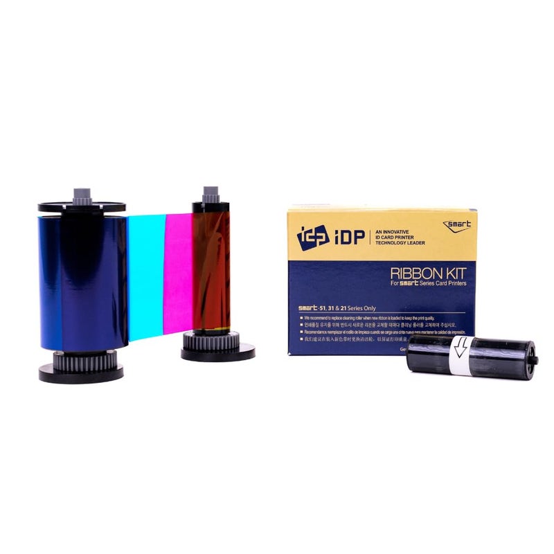 IDP IDP IDP Genuine SMART-31 and SMART-51 Series Card Printer Ribbon - YMCKO Color, Resin Black & Overlay Panel Ribbon w Cleaning Roller, 250 Cards/roll (Not Compatible with IDP Solid Printers) - Image 1