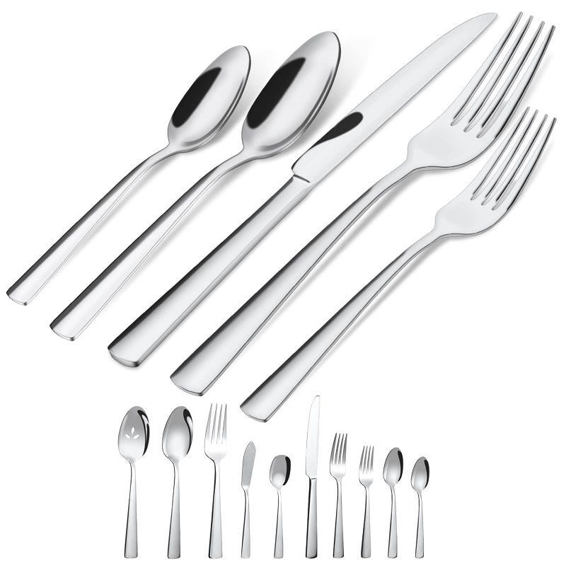 Brightown 45Piece Silverware Set Flatware Cutlery Set Service for 8 Durable Stainless Steel Tableware in Ergonomic Design Size and Weight Kitchen Utensil Sets with Steak Knives Rustproof Dishwasher Safe