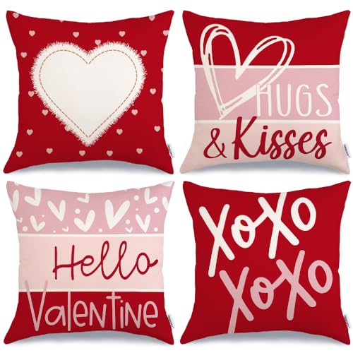 GEEORY Valentines Day Hello Valentine Hugs  Kisses Throw Pillow Covers 18x18 Inch Set of 4 Red Heart XOXO Striped Decorative Farmhouse Wedding Cushion Cases for Home Decoration Red G41418