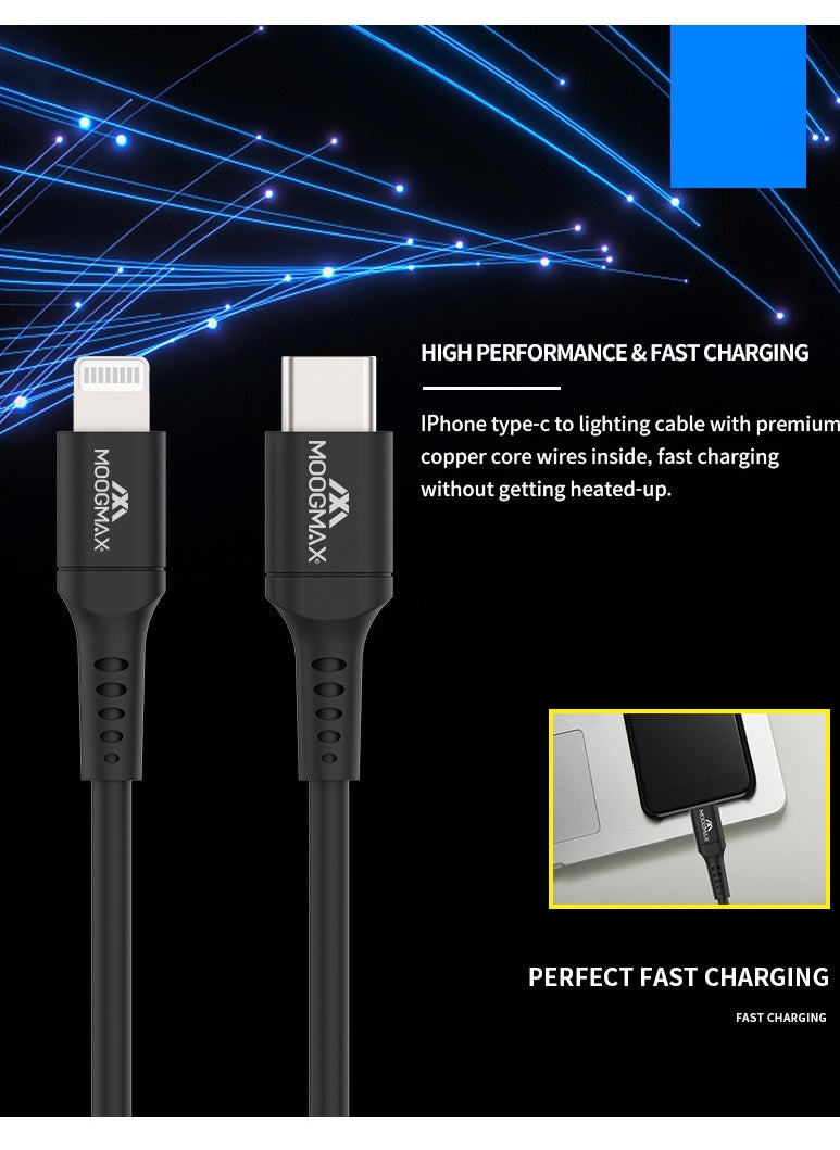 Typec to lightning plastic charging and sync cable 1M supports fast charing certificated from Apple MFIblack from Moogmax