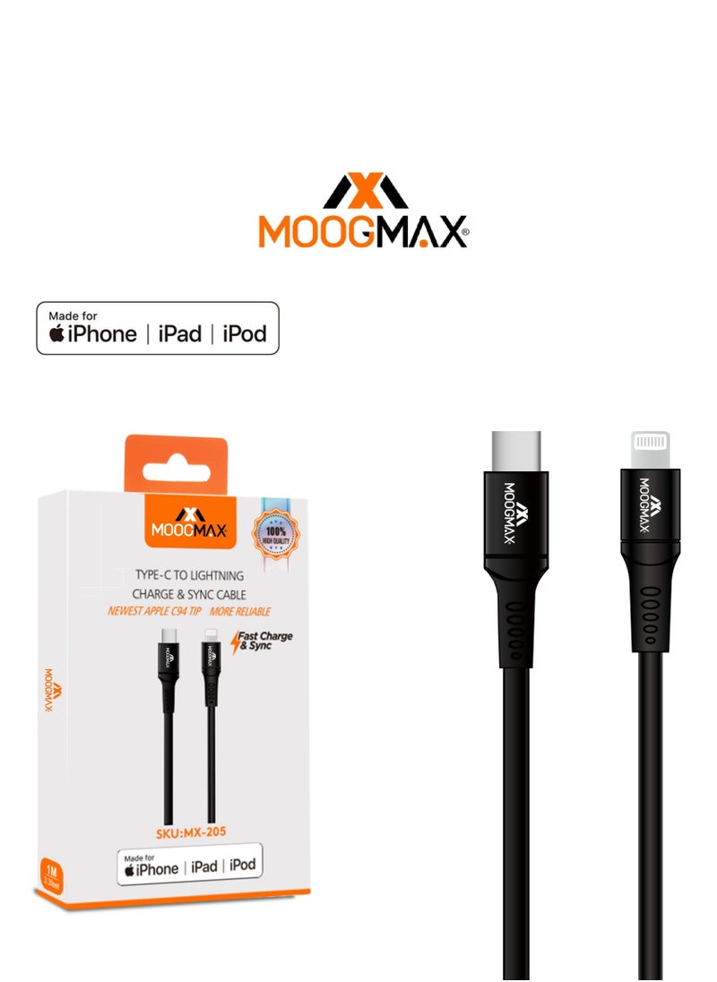 Typec to lightning plastic charging and sync cable 1M supports fast charing certificated from Apple MFIblack from Moogmax