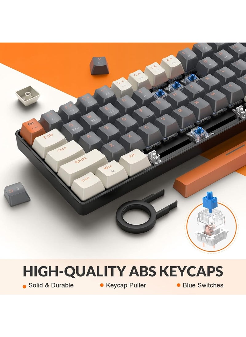 K68 Wireless Mechanical Keyboard, Bluetooth 5.0/2.4G 68-Key Hot Swappable Professional Keyboard with Keycap Puller, Blue Switch for Mac Windows Milkshake Brown