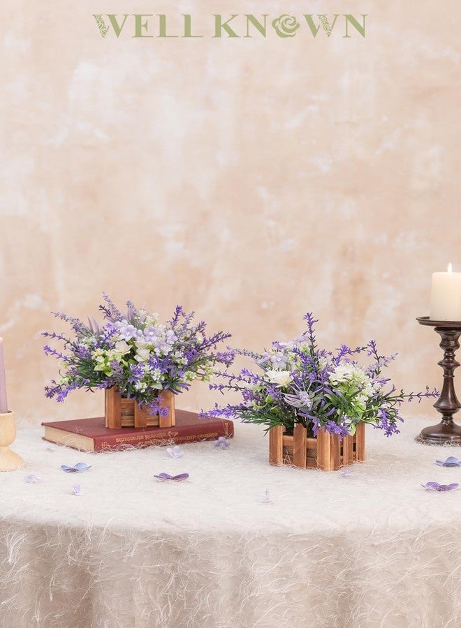 WELL KNOWN Artificial Lavender Plants in Wooden Baskets, Artificial Mini White Flower Arrangement in Planter for Home Hotel Office Table Wedding Centerpieces & Gift(Set of 2) - Image 3