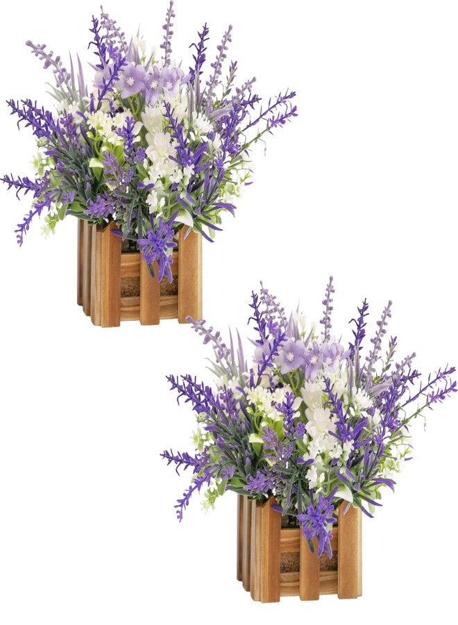 WELL KNOWN Artificial Lavender Plants in Wooden Baskets, Artificial Mini White Flower Arrangement in Planter for Home Hotel Office Table Wedding Centerpieces & Gift(Set of 2) - Image 1