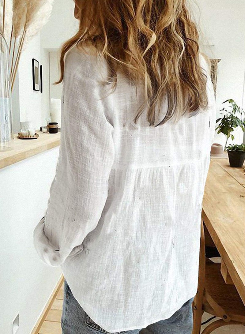 Astylish Women Fashion Clothing Long Sleeve Button Up Linen Shirts Business Casual Clothes White X-Large - Image 3