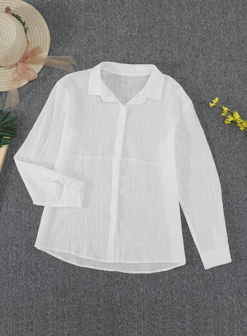 Astylish Women Fashion Clothing Long Sleeve Button Up Linen Shirts Business Casual Clothes White X-Large - Image 4