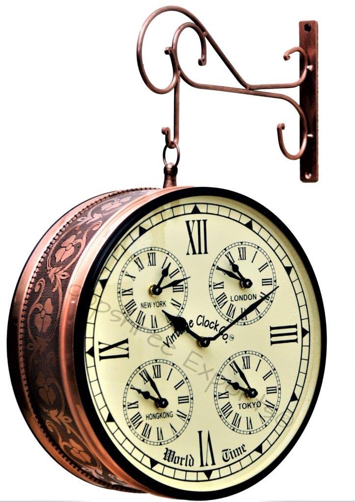 Vintage Clock Handcrafted Double Analog Side Clock with World Time & English Numbers 1 Year Warranty (12 Inches Size, Rose Gold Finish, Floral Design, VC-65471), Iron - Image 1