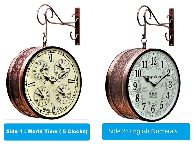 Vintage Clock Handcrafted Double Analog Side Clock with World Time & English Numbers 1 Year Warranty (12 Inches Size, Rose Gold Finish, Floral Design, VC-65471), Iron - Image 2