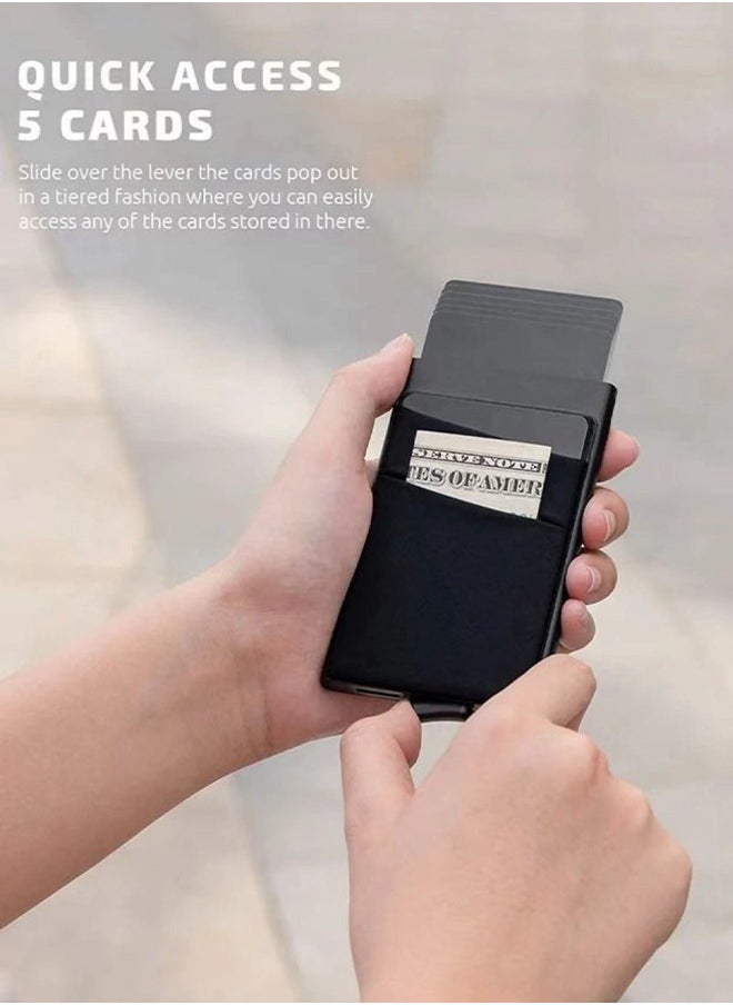 Generic Business Card Holder with Money Pocket Pop Up Wallet RFID Blocking Slim Metal Bank Card Case Holds 5 Cards and Notes Black  - Image 4