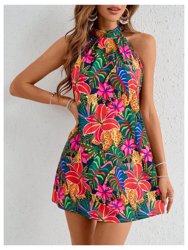 Floerns Women's Sleeveless Floral Print Sundress Halter Neck A Line Short Dress Pink Multi X-Large - Image 4