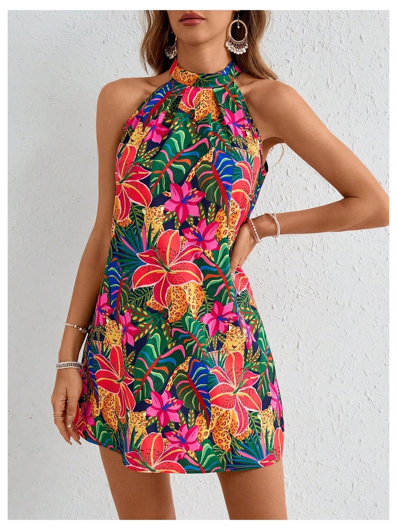 Floerns Women's Sleeveless Floral Print Sundress Halter Neck A Line Short Dress Pink Multi X-Large - Image 3