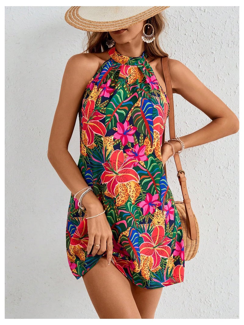 Floerns Women's Sleeveless Floral Print Sundress Halter Neck A Line Short Dress Pink Multi X-Large - Image 5