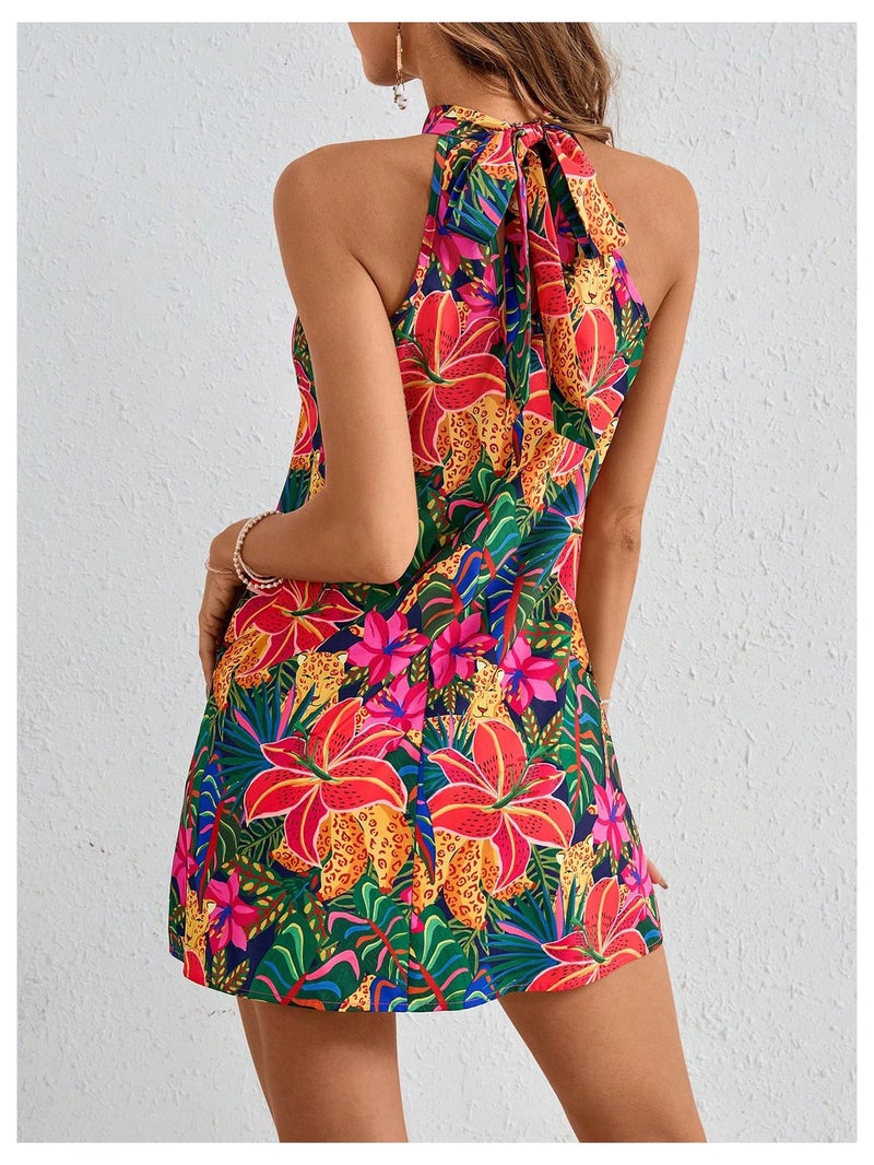 Floerns Women's Sleeveless Floral Print Sundress Halter Neck A Line Short Dress Pink Multi X-Large - Image 2