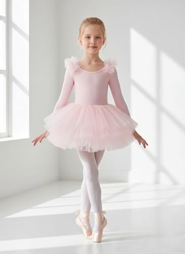 KARETT Toddler Tutu with Long Sleeve Ballerina Dance Outfits Ballet Leotards for Girls Pink 1-2Y - Image 2