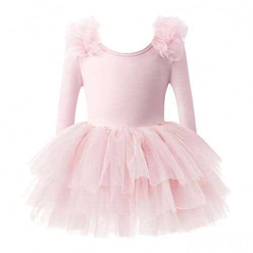 KARETT Toddler Tutu with Long Sleeve Ballerina Dance Outfits Ballet Leotards for Girls Pink 1-2Y - Image 1