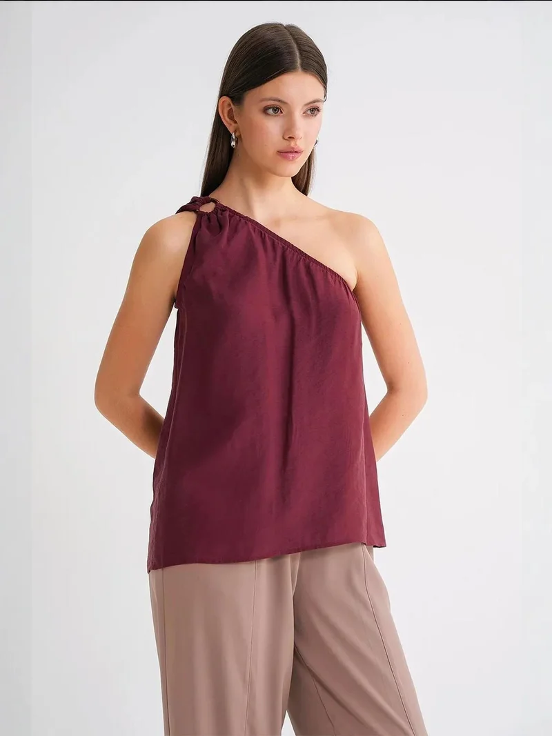 MixRay Burgundy Red Mixray Asymmetrical Collar Accessory Detailed Top for Women | Best Price UAE