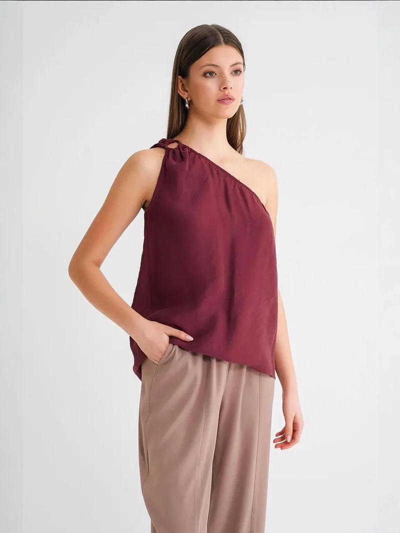 MixRay Burgundy Red Mixray Asymmetrical Collar Accessory Detailed Top for Women | Best Price UAE