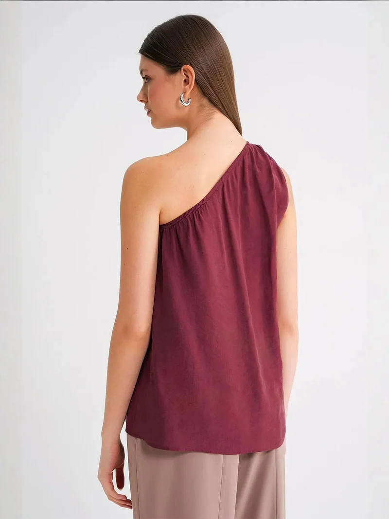 MixRay Burgundy Red Mixray Asymmetrical Collar Accessory Detailed Top for Women | Best Price UAE