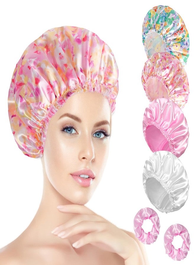 Happtiger Shower Cap for Women Set of 4, Bath Caps, Double Layers Hair Caps + 2 Satin Hair Scrunchies, Reusable Waterproof Shower Caps, Elastic Hair Cap for Shower - Pattern B - Image 1