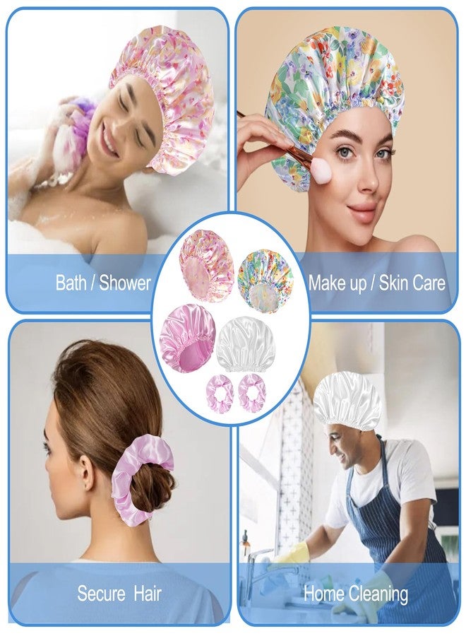 Happtiger Shower Cap for Women Set of 4, Bath Caps, Double Layers Hair Caps + 2 Satin Hair Scrunchies, Reusable Waterproof Shower Caps, Elastic Hair Cap for Shower - Pattern B - Image 2