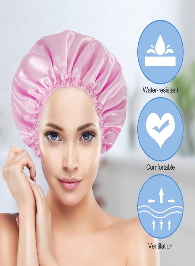 Happtiger Shower Cap for Women Set of 4, Bath Caps, Double Layers Hair Caps + 2 Satin Hair Scrunchies, Reusable Waterproof Shower Caps, Elastic Hair Cap for Shower - Pattern B - Image 4