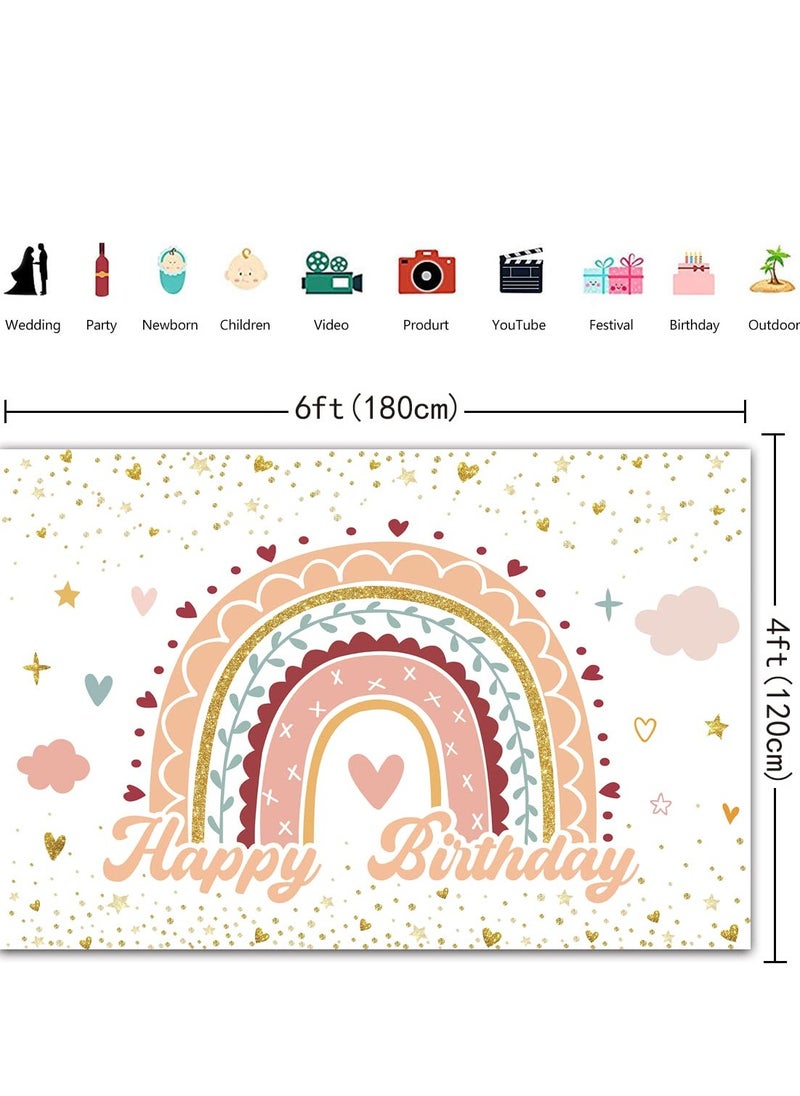KASTWAVE - Birthday Backdrop Rainbow Clouds Boho Theme Banner Girls Kids Happy Birthday Baby Shower Party Decorations Cake Table Banner Supplies 6x4FT - Image 1
