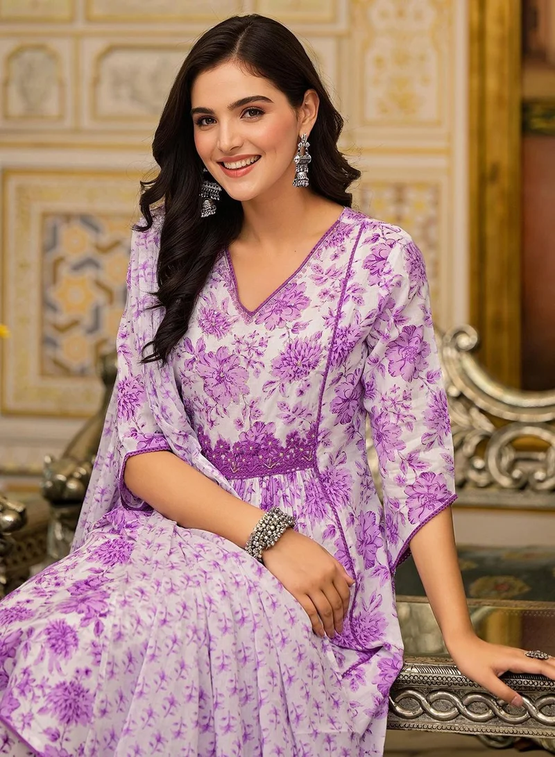 ISHIN Women's Lilac 100% Cotton Embellished Tunic Full Length Casual Straight Fit Kurta Set