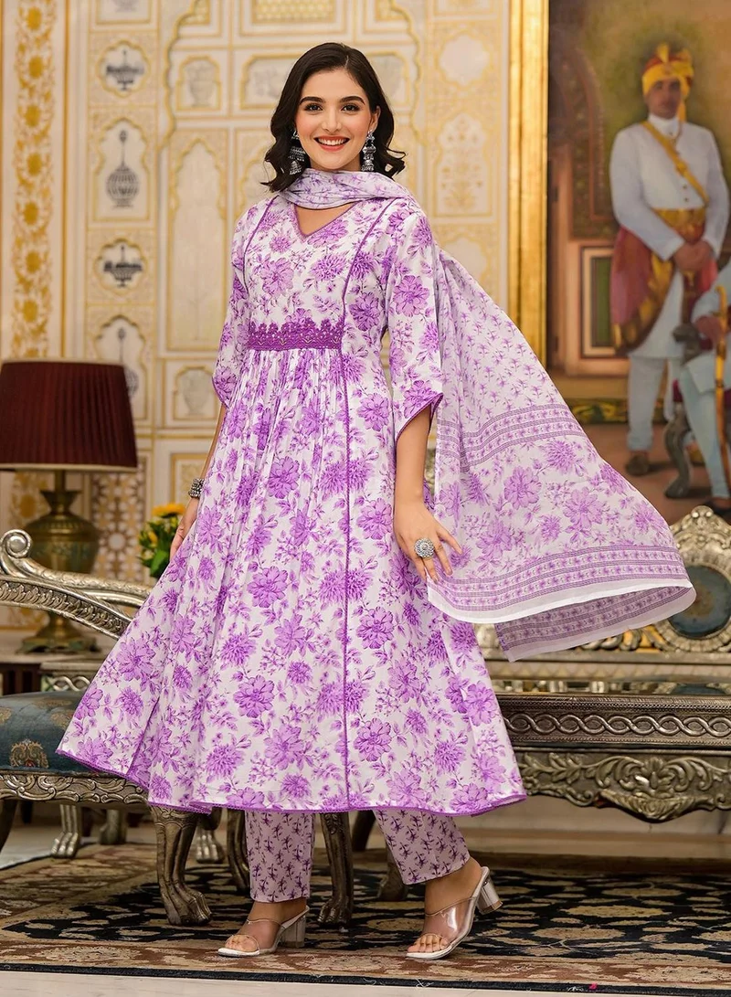ISHIN Women's Lilac 100% Cotton Embellished Tunic Full Length Casual Straight Fit Kurta Set