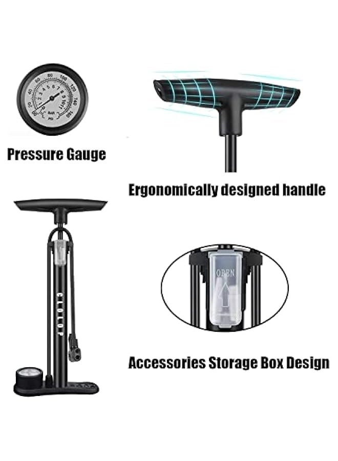 Topleo Bike Pump Bicycle Floor Pump Stand Pump Ball Pump With Presta & Schrader Valves For Bike Tyre Sports Ball Balloons Swimming Rings, etc. - Image 3