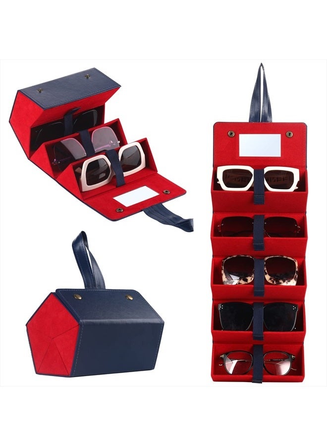 Muf Sunglass Case Organizer with 5 Slots,Sunglass Travel Case for Multiple Pairs,Upgraded Sunglass Organizer with Mirror & Strap,Portable Eye Glass Carry Case,Suit for Oversized Sunglass,Night Blue  - Image 1