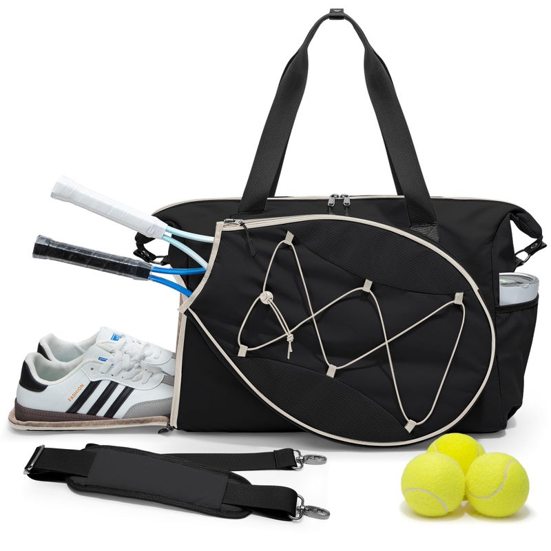 Smasrob Tennis Travel Bag for Women with Exterior Drawstring Racket Pocket and Separate Shoe Compartment Weekend Bags with Wet Pocket and Laptop Pocket Black - Image 2